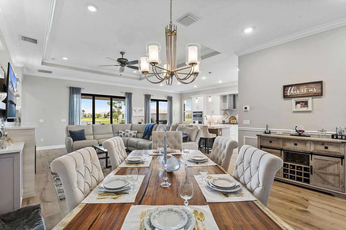 Chandelier, Dining room, Interior, Kitchen, Living room, Recessed Lighting, Wood Texture Flooring