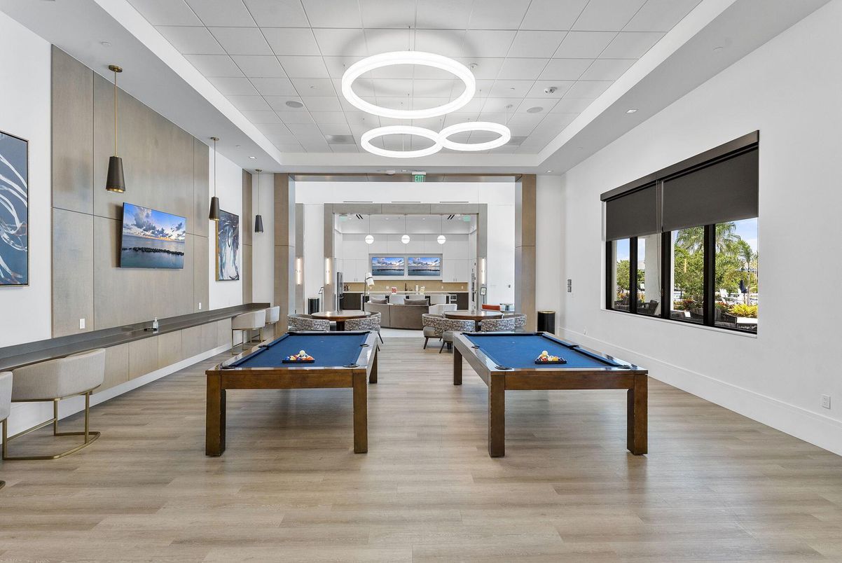 Billiard Table, Game Room, Interior, Pendant Lights, Recessed Lighting, Wood Texture Flooring