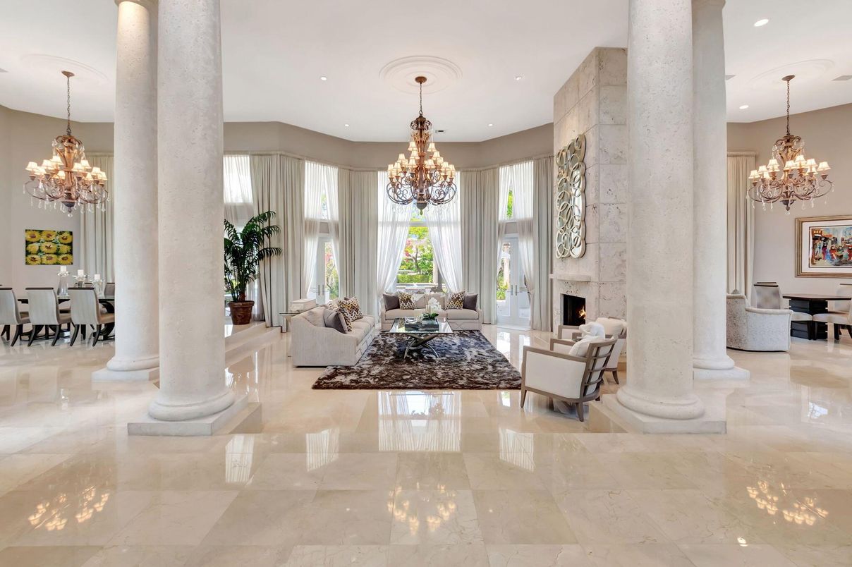 Chandelier, Dining room, Fireplace, Interior, Living room, Recessed Lighting