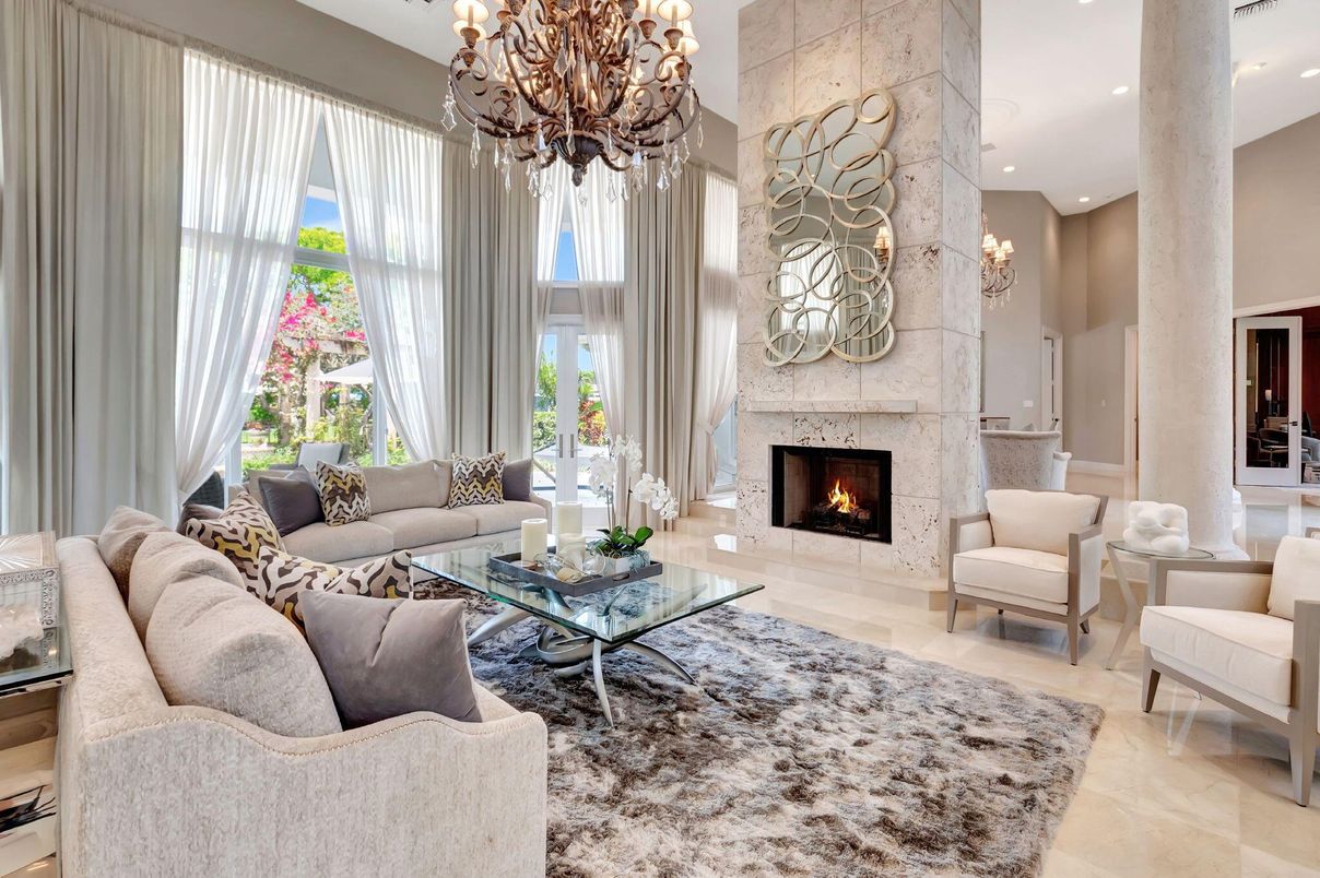Chandelier, Fireplace, Interior, Living room, Recessed Lighting