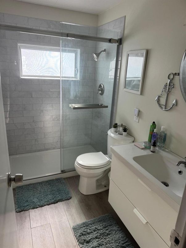 Bathroom, Glass Shower, Interior, Wood Texture Flooring