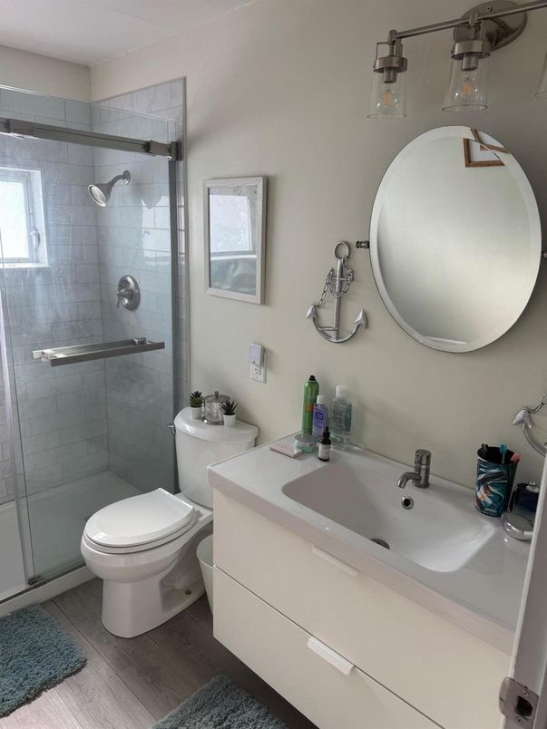 Bathroom, Glass Shower, Interior, Wood Texture Flooring