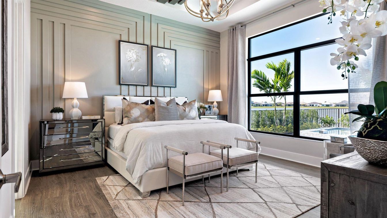 Bedroom, Interior, Pendant Lights, Wood Texture Flooring