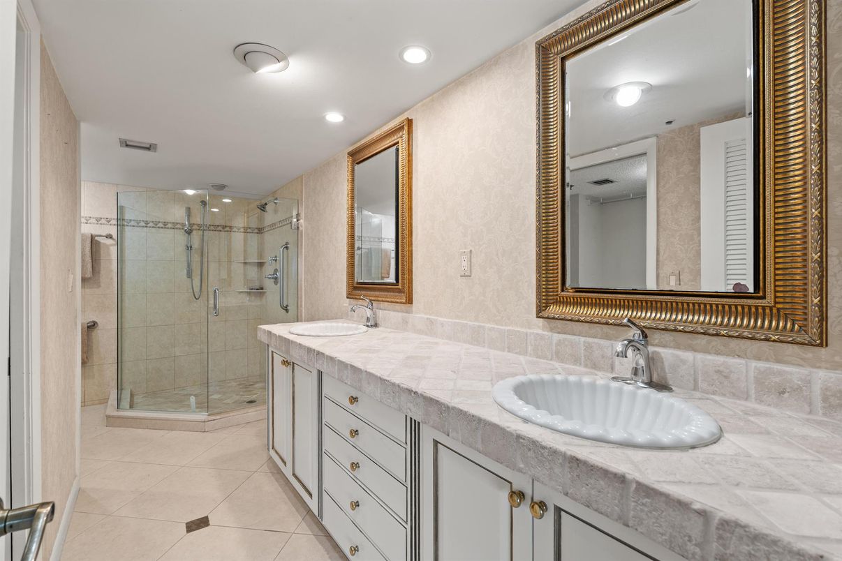 Bathroom, Dual Sink Vanities, Glass Shower, Interior, Recessed Lighting, Tile Countertops