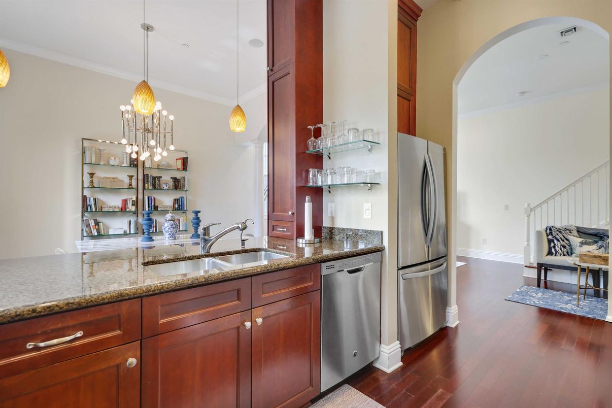 Interior, Kitchen, Pendant Lights, Stainless Steel Appliances, Wood Texture Flooring