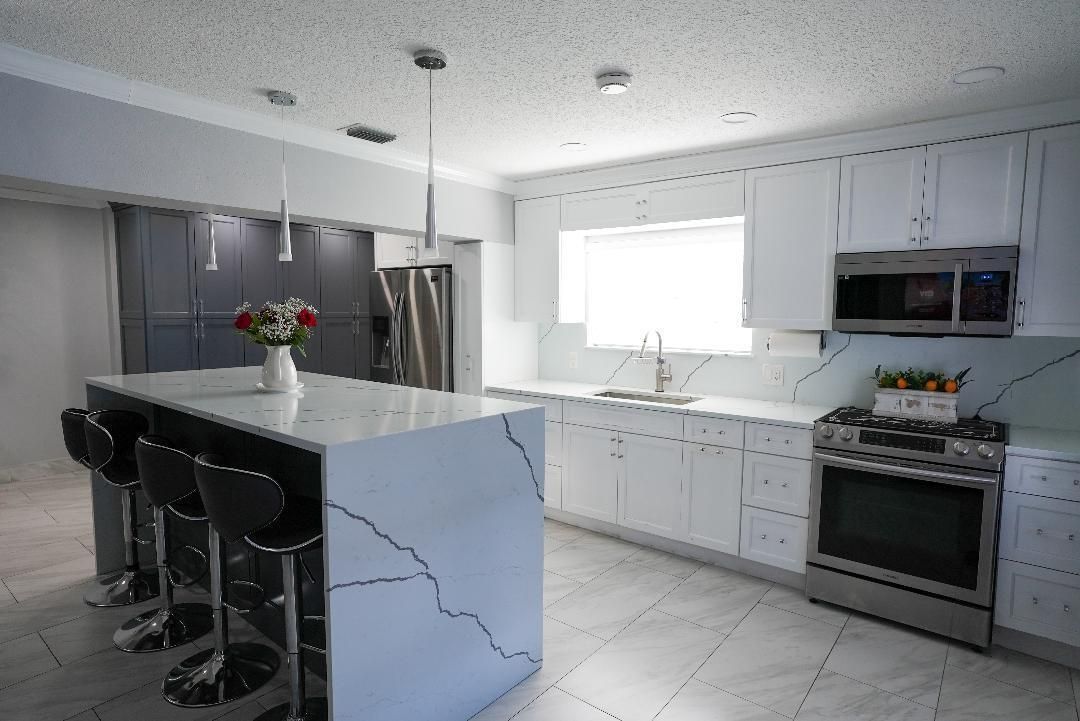 Interior, Kitchen, Marble, Pendant Lights, Recessed Lighting, Stainless Steel Appliances