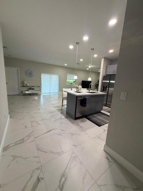 Interior, Kitchen, Marble, Pendant Lights, Recessed Lighting, Stainless Steel Appliances