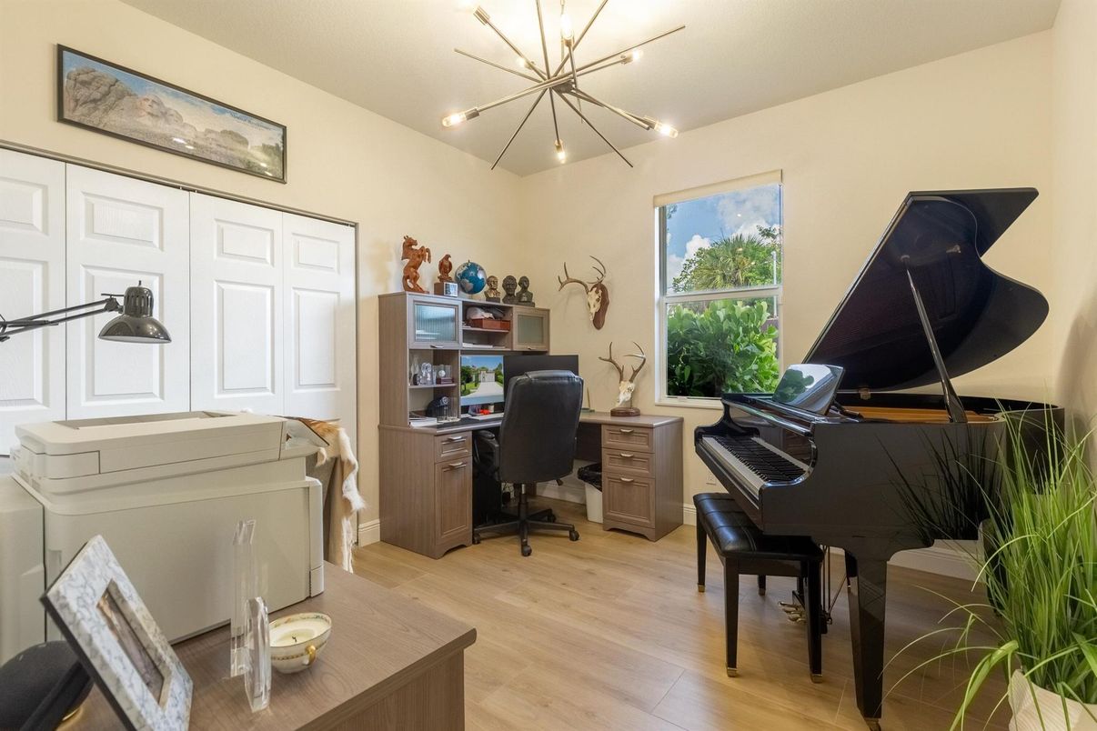 Home Office, Interior, Pendant Lights, Piano, Wood Texture Flooring