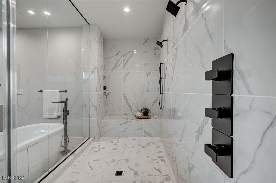 Bathroom, Glass Shower, Interior, Marble, Marble Walls, Recessed Lighting