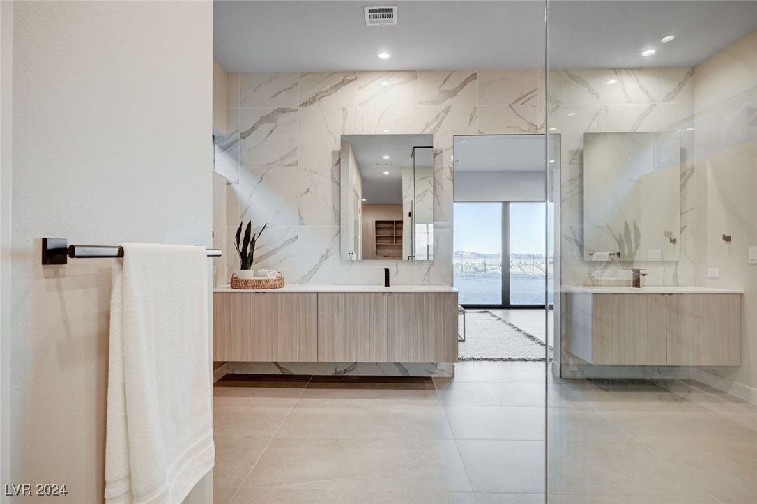 Bathroom, Dual Sink Vanities, Interior, Marble Walls, Recessed Lighting