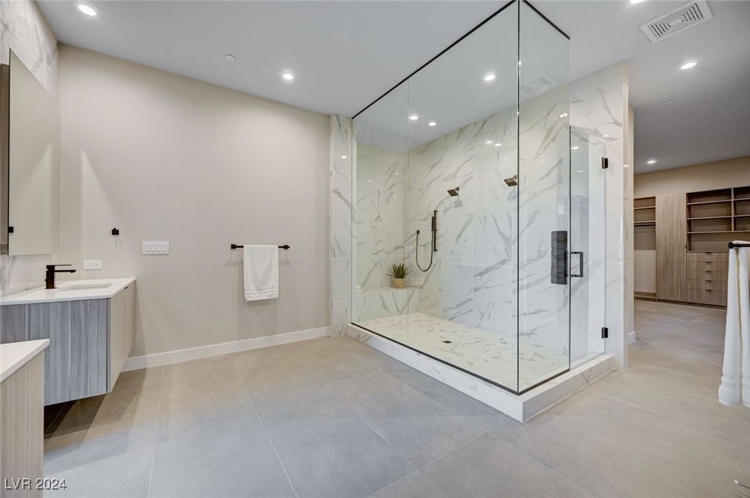 Bathroom, Glass Shower, Interior, Marble Walls, Recessed Lighting