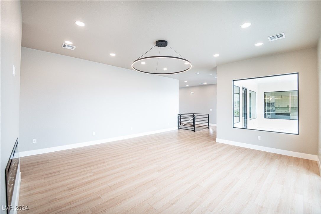 Empty room, Interior, Pendant Lights, Recessed Lighting, Wood Texture Flooring