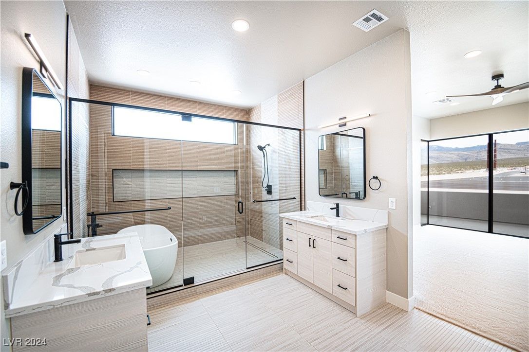Bathroom, Dual Sink Vanities, Glass Shower, Interior, Recessed Lighting
