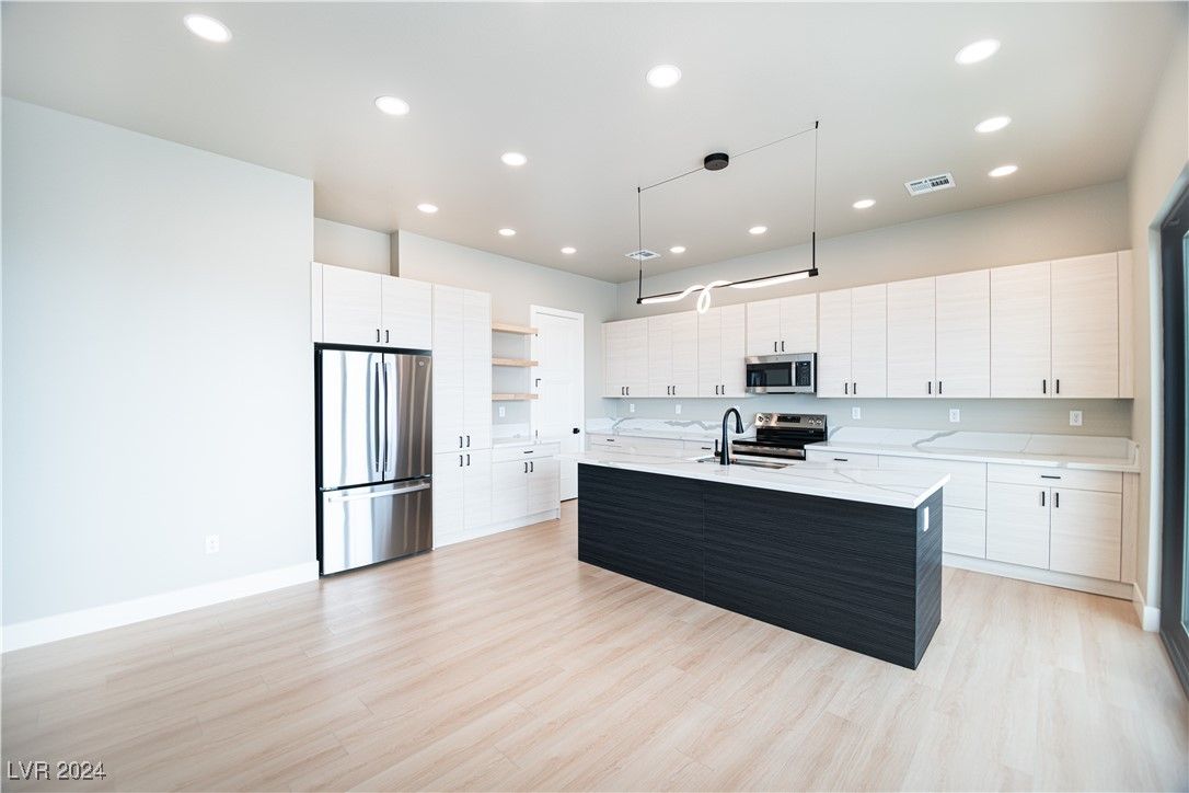 Interior, Kitchen, Pendant Lights, Recessed Lighting, Stainless Steel Appliances, Wood Texture Flooring