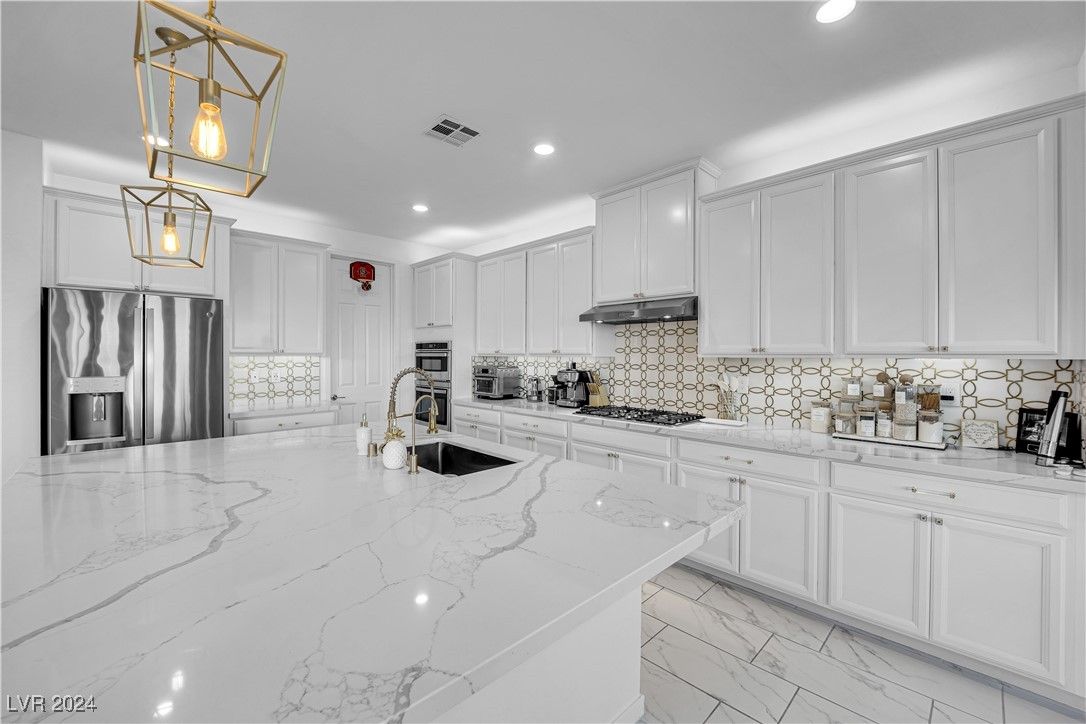 Interior, Kitchen, Marble, Pendant Lights, Recessed Lighting, Stainless Steel Appliances