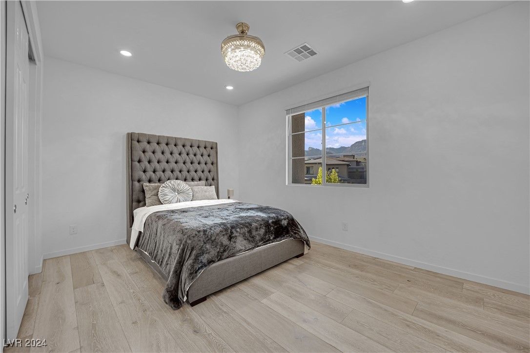Bedroom, Chandelier, Interior, Recessed Lighting, Wood Texture Flooring