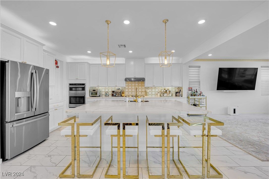 Interior, Kitchen, Marble, Pendant Lights, Recessed Lighting, Stainless Steel Appliances