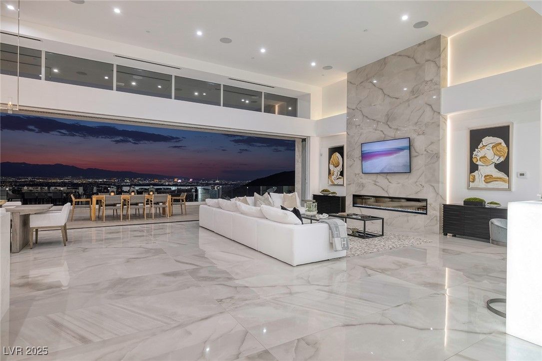 Dining room, Fireplace, Interior, Living room, Marble, Marble Walls, Recessed Lighting