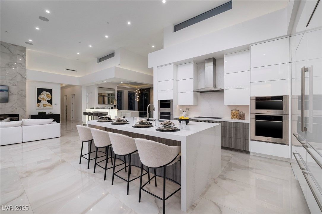 Interior, Kitchen, Living room, Marble Walls, Recessed Lighting, Stainless Steel Appliances