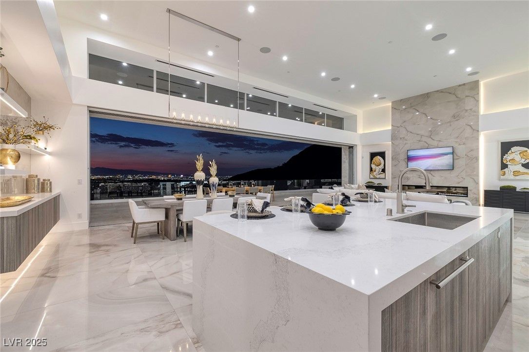 Dining room, Interior, Kitchen, Marble, Marble Walls, Pendant Lights, Recessed Lighting, Stainless Steel Appliances, Water