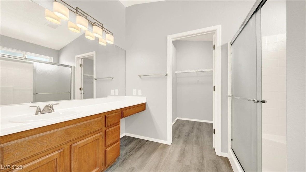 Bathroom, Dual Sink Vanities, Interior, Walk-in Closets, Wood Texture Flooring
