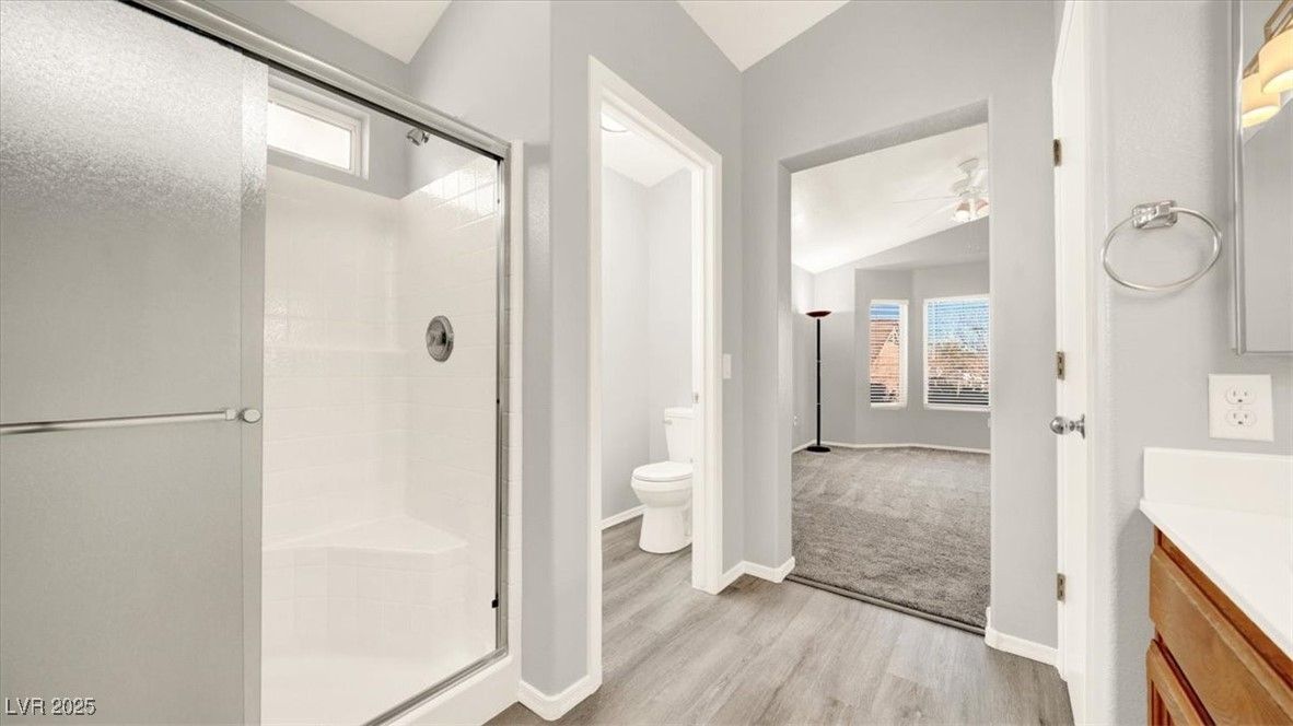 Bathroom, Glass Shower, Interior, Wood Texture Flooring