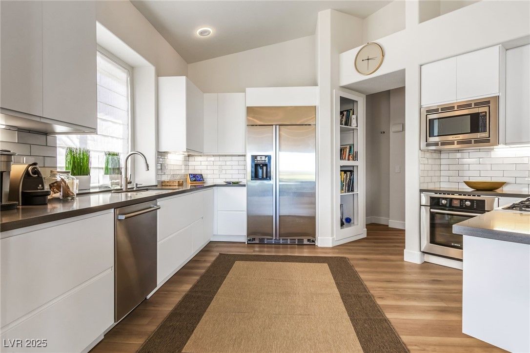 Interior, Kitchen, Recessed Lighting, Stainless Steel Appliances, Wood Texture Flooring