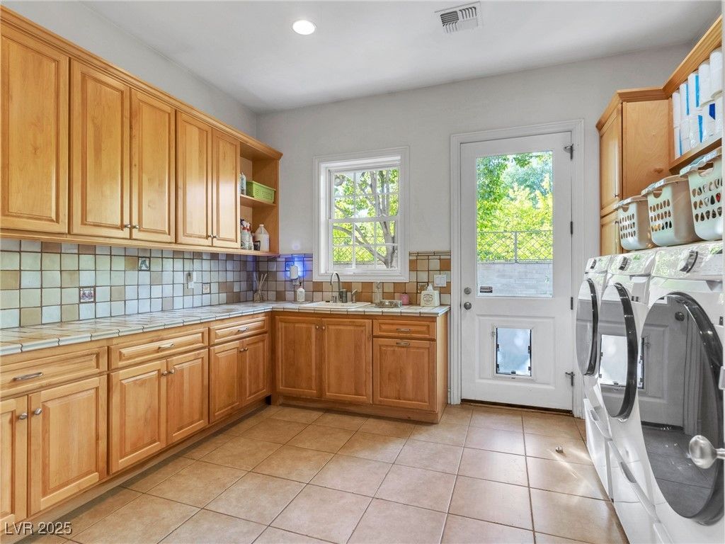 Interior, Kitchen, Recessed Lighting, Tile Countertops, Washer