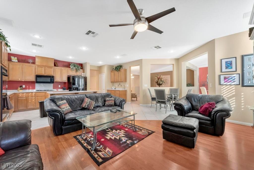Dining room, Interior, Kitchen, Living room, Recessed Lighting, Stainless Steel Appliances, Wood Texture Flooring