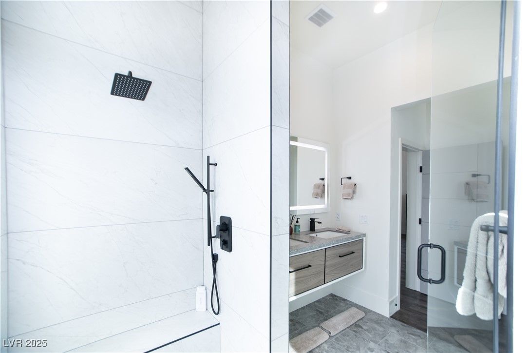 Bathroom, Glass Shower, Interior, Marble Walls, Recessed Lighting