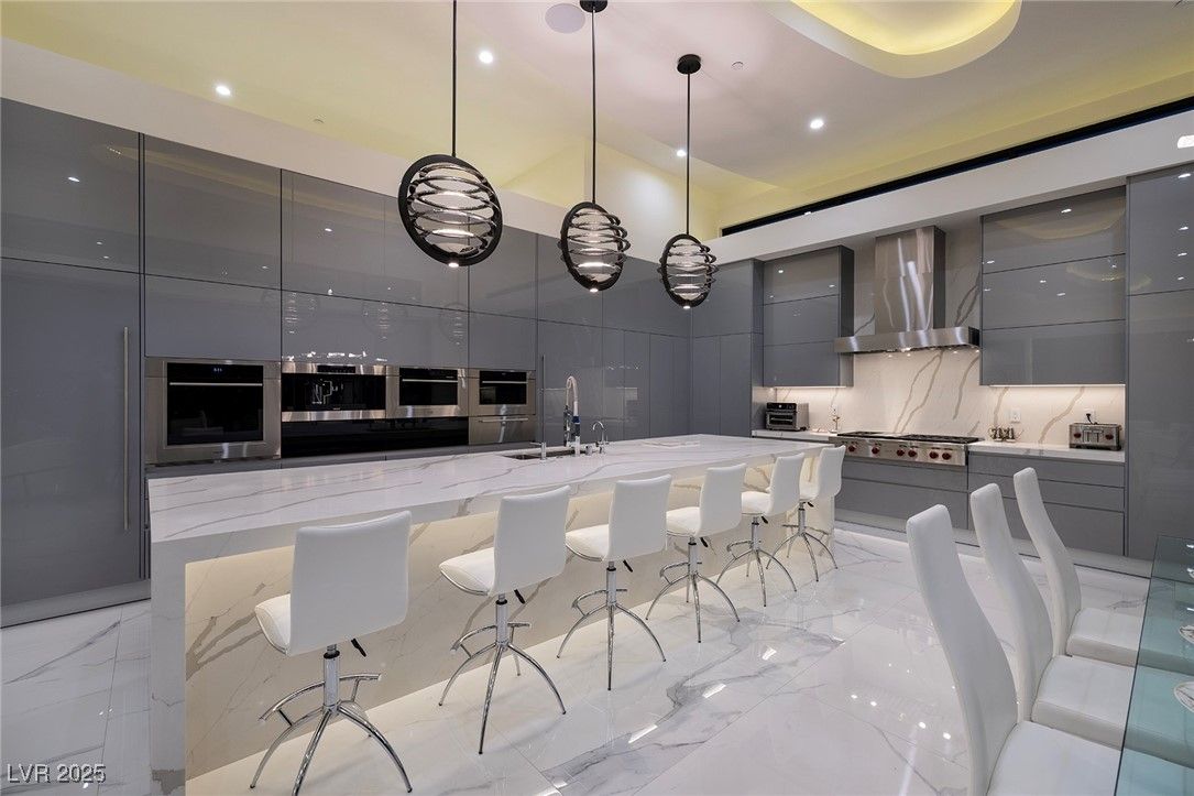 Interior, Kitchen, Marble, Pendant Lights, Recessed Lighting, Stainless Steel Appliances