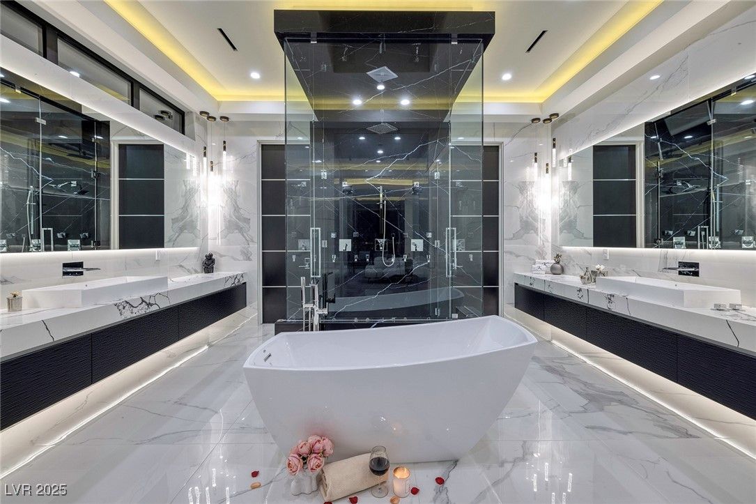 Bathroom, Dual Sink Vanities, Free Standing Baths, Glass Shower, Interior, Marble, Marble Walls, Recessed Lighting