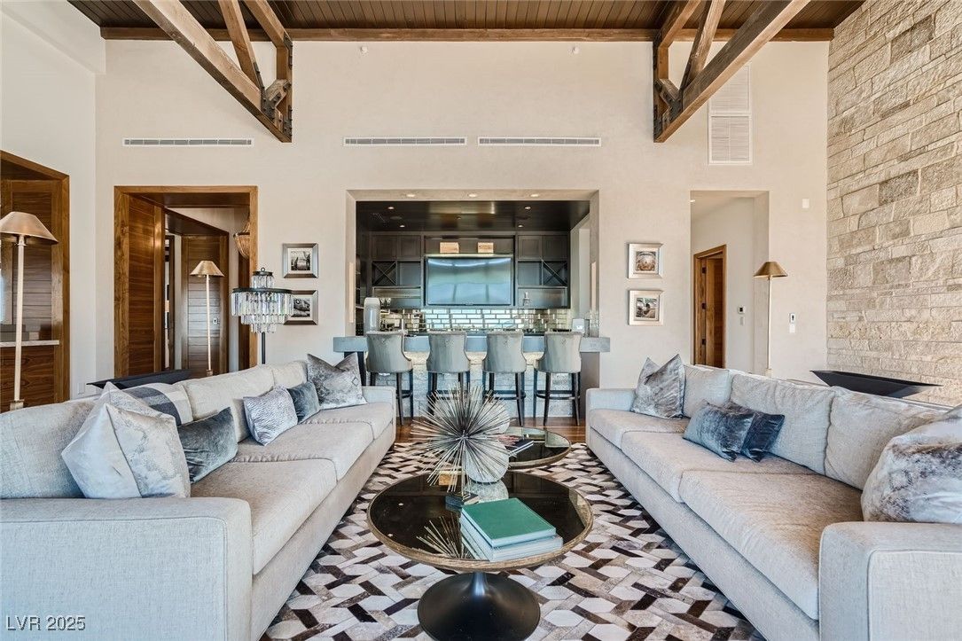 Interior, Kitchen, Living room, Recessed Lighting, Stone Walls, Wooden Beams, Wooden Ceilings