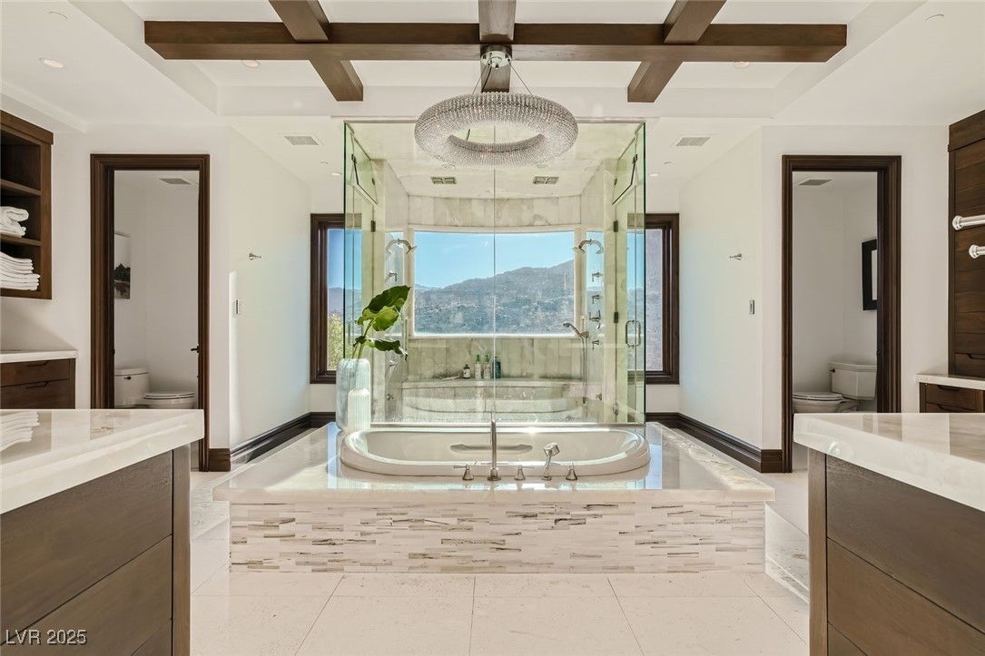 Bathroom, Glass Shower, Interior, Pendant Lights, Recessed Lighting, Wooden Beams