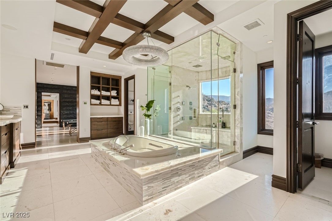 Bathroom, Fireplace, Glass Shower, Interior, Pendant Lights, Recessed Lighting, Wooden Beams