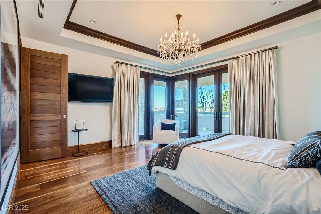 Bedroom, Chandelier, Interior, Recessed Lighting, Wood Texture Flooring