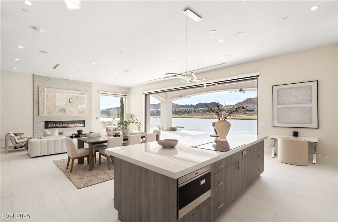 Dining room, Fireplace, Interior, Kitchen, Living room, Marble, Pendant Lights, Recessed Lighting, Water