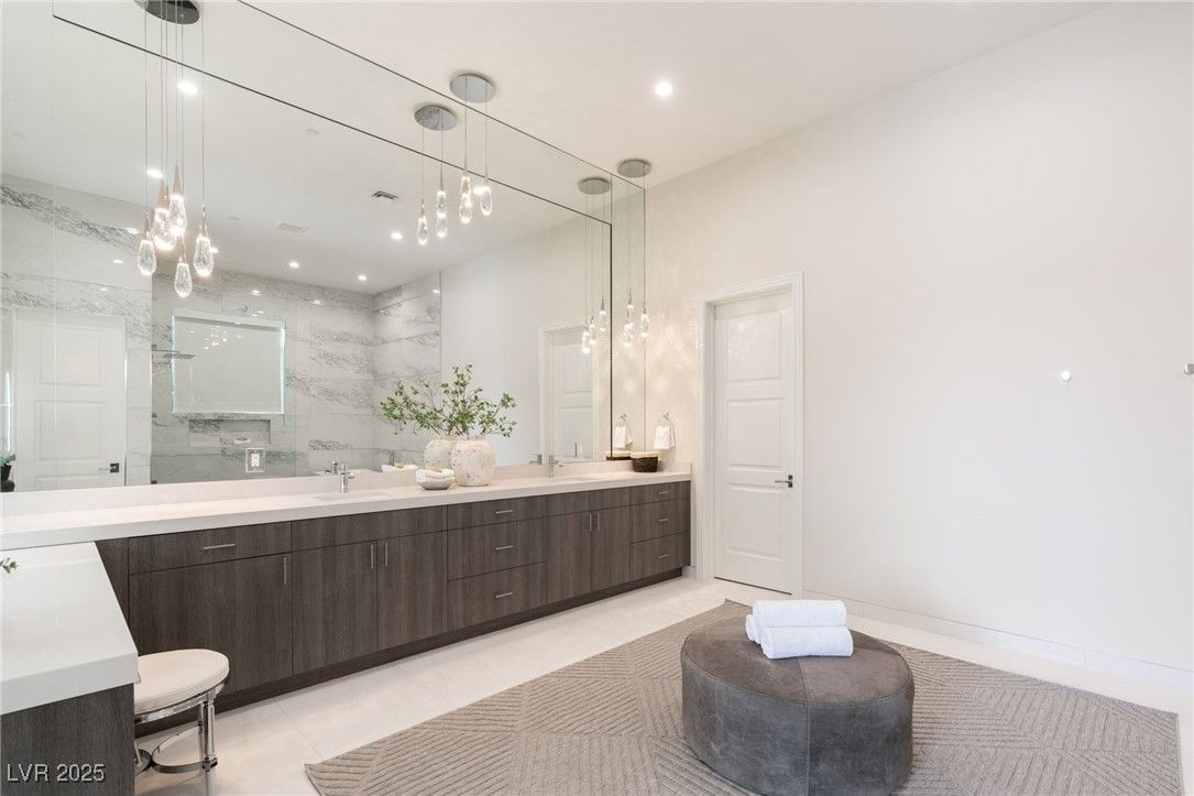 Bathroom, Dual Sink Vanities, Glass Shower, Interior, Pendant Lights, Recessed Lighting