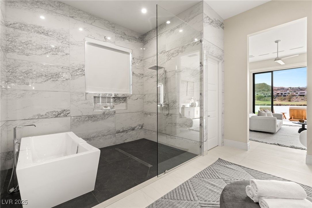 Bathroom, Free Standing Baths, Glass Shower, Interior, Living room, Marble Walls, Recessed Lighting