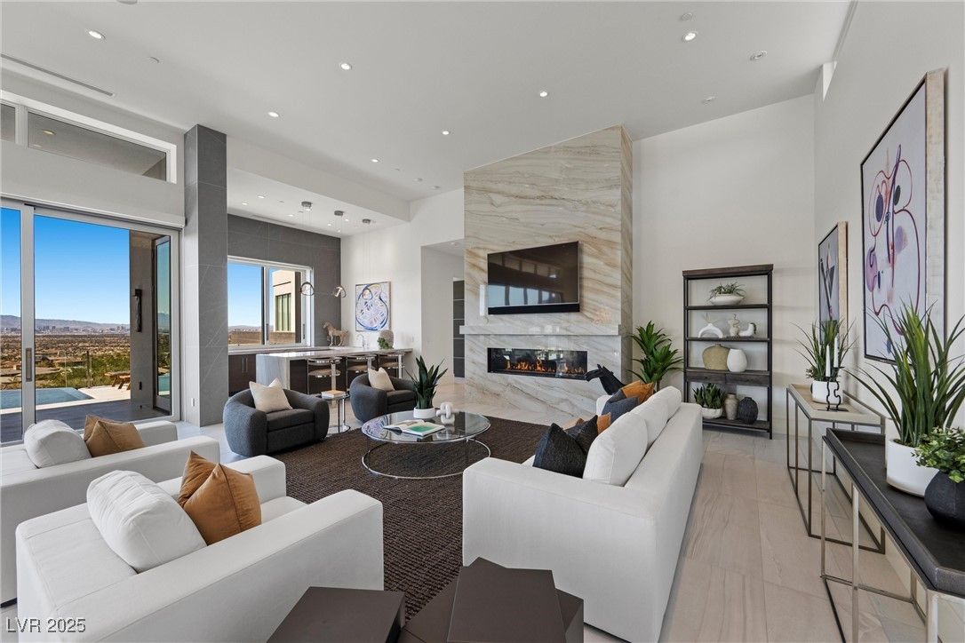 Fireplace, Interior, Living room, Marble Walls, Pendant Lights, Recessed Lighting