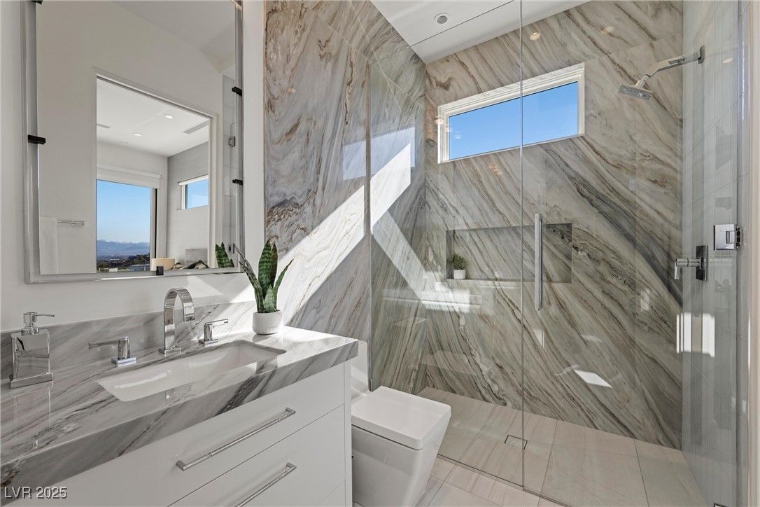Bathroom, Glass Shower, Interior, Marble Walls, Recessed Lighting