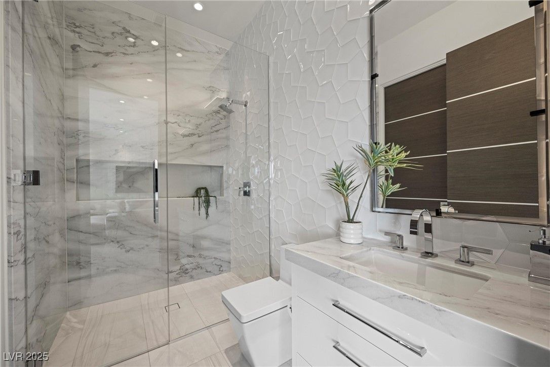 Bathroom, Glass Shower, Interior, Marble Walls, Recessed Lighting