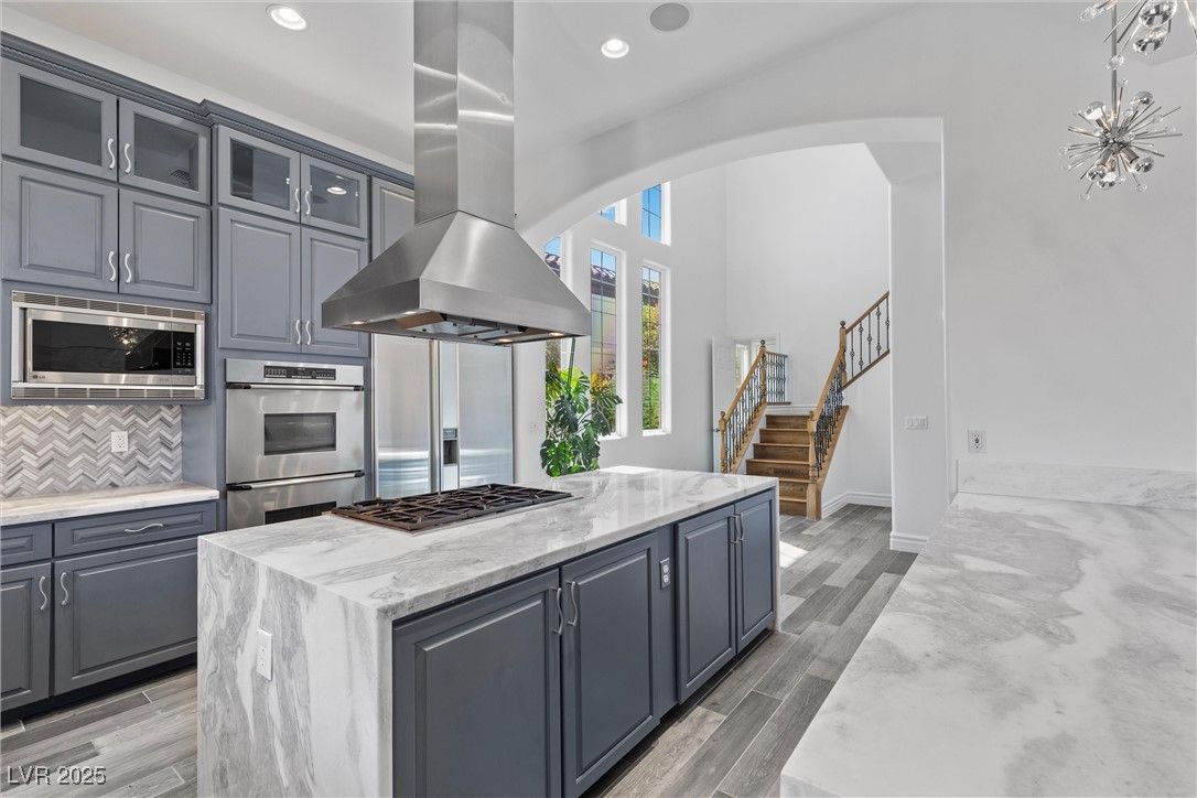 Interior, Kitchen, Pendant Lights, Recessed Lighting, Stainless Steel Appliances, Wood Texture Flooring