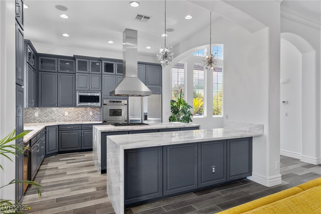 Interior, Kitchen, Pendant Lights, Recessed Lighting, Stainless Steel Appliances, Wood Texture Flooring