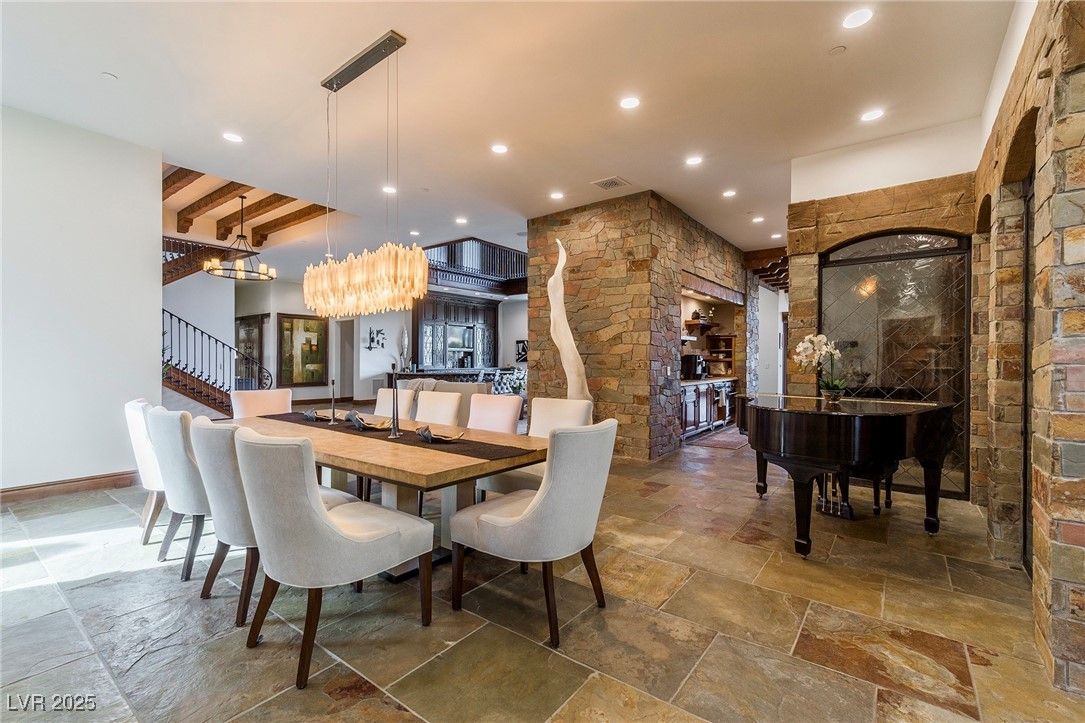 Chandelier, Dining room, Interior, Piano, Recessed Lighting, Stone Walls, Wooden Beams
