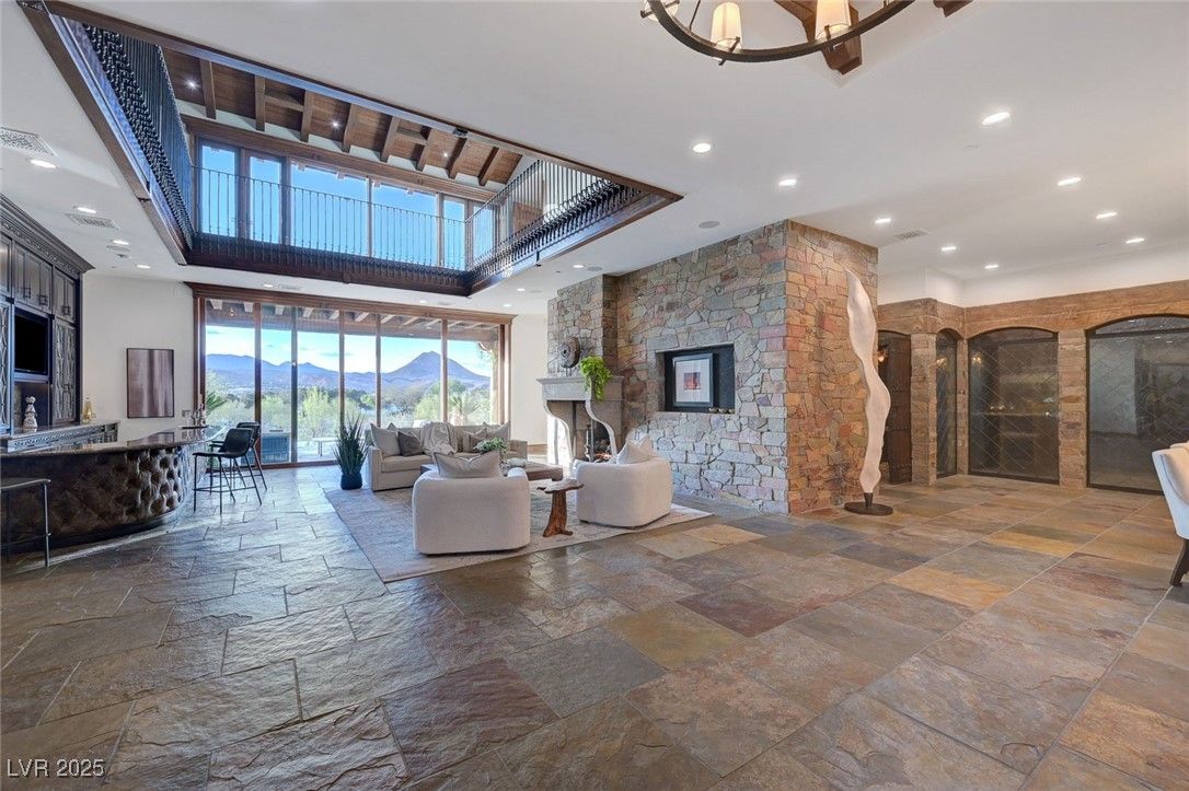 Fireplace, Interior, Living room, Recessed Lighting, Stone Walls