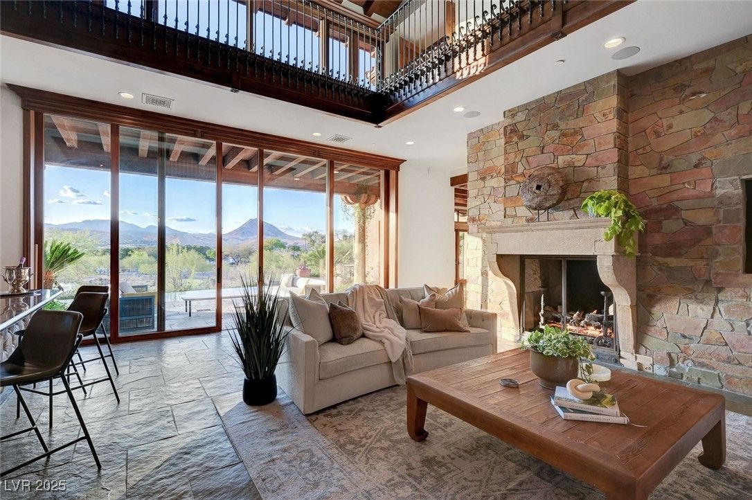 Fireplace, Interior, Living room, Recessed Lighting, Stone Walls