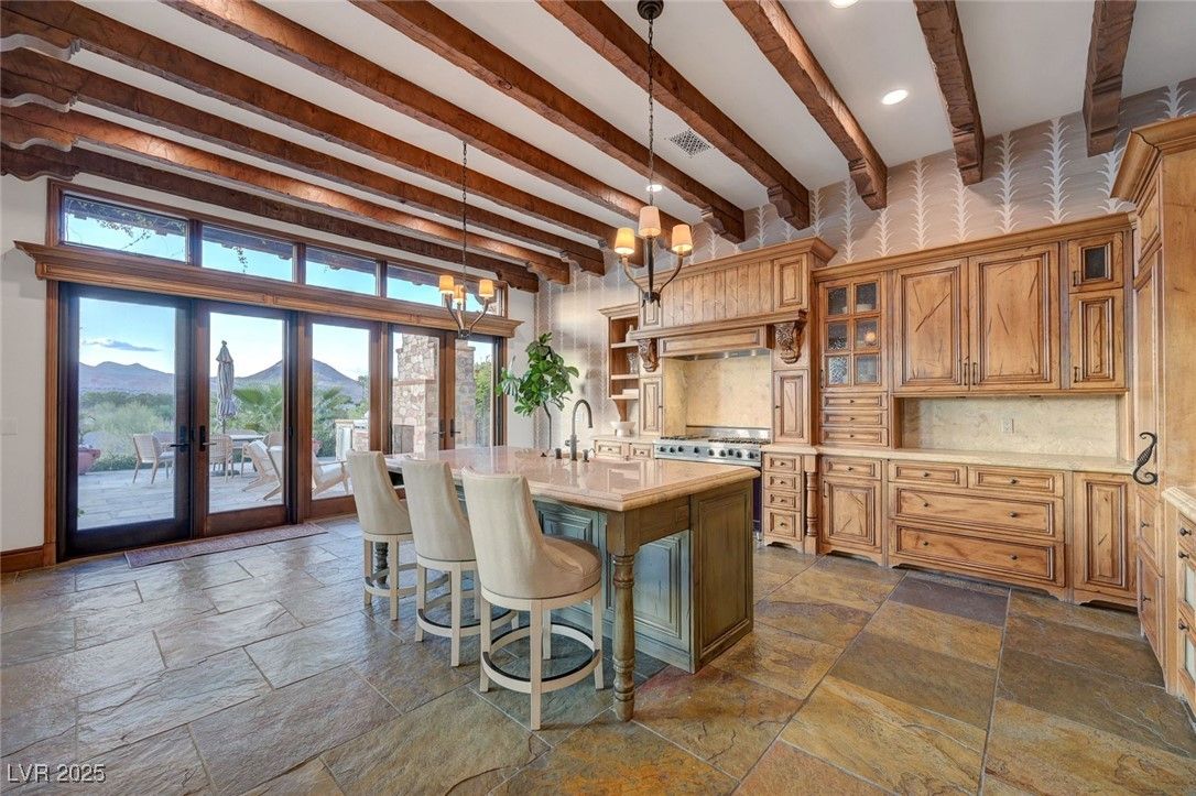 Interior, Kitchen, Pendant Lights, Recessed Lighting, Stainless Steel Appliances, Wooden Beams