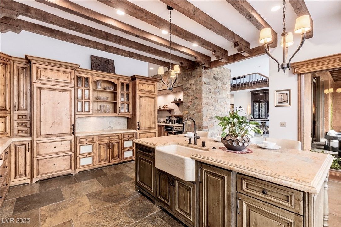 Chandelier, Interior, Kitchen, Pendant Lights, Recessed Lighting, Stainless Steel Appliances, Stone Walls, Wooden Beams