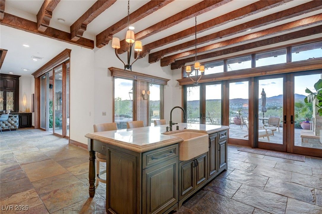 Chandelier, Interior, Kitchen, Pendant Lights, Recessed Lighting, Wooden Beams